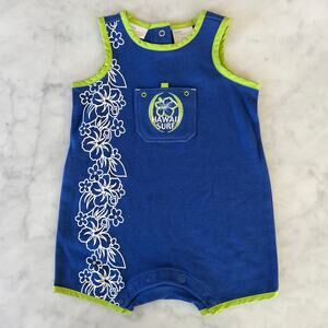 Vintage Y2K Hawaii Surf Hibiscus Flower Blue and Green Sleeveless Romper / 12 M